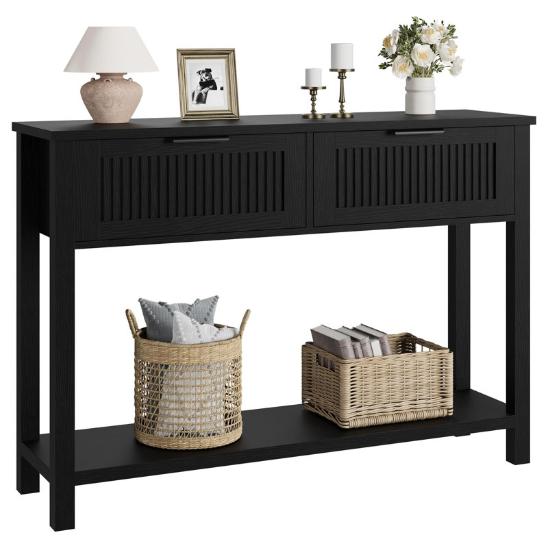 Fluted Black Console Table 43 Inch – 2 Drawers – Narrow Wood & Metal Sofa Table for Entryway, Living Room, or Hallway – Storage Accent Desk – Easy Assembly – 25 Years of Black