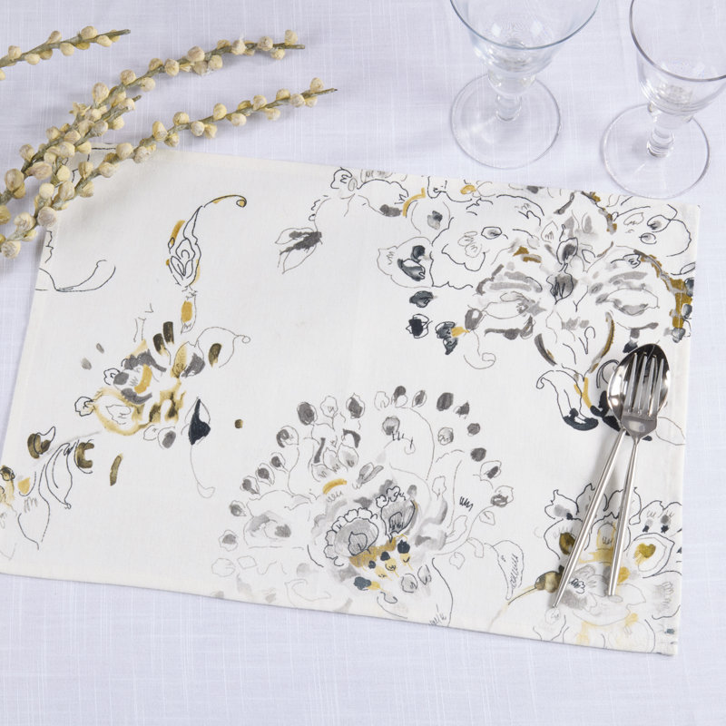 Napperons à motif floral en mélange de lin (ensemble de 4) - Napperons décoratifs pour botanique, Blanc/Noir