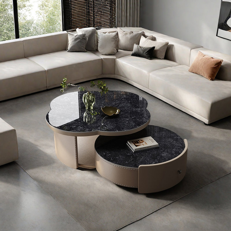 Modern stone slab coffee table set, Black/White
