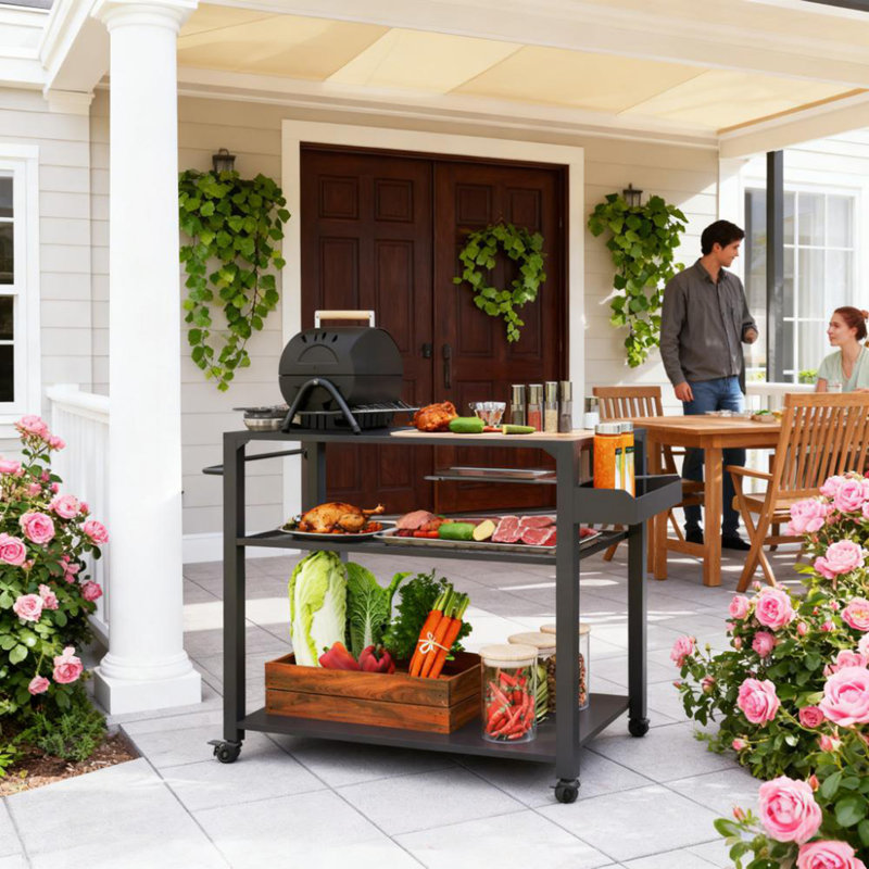 Table de four mobile sur roulettes, chariot de barbecue extérieur à 3 niveaux facile à déplacer avec supports de rangement, poignée latérale