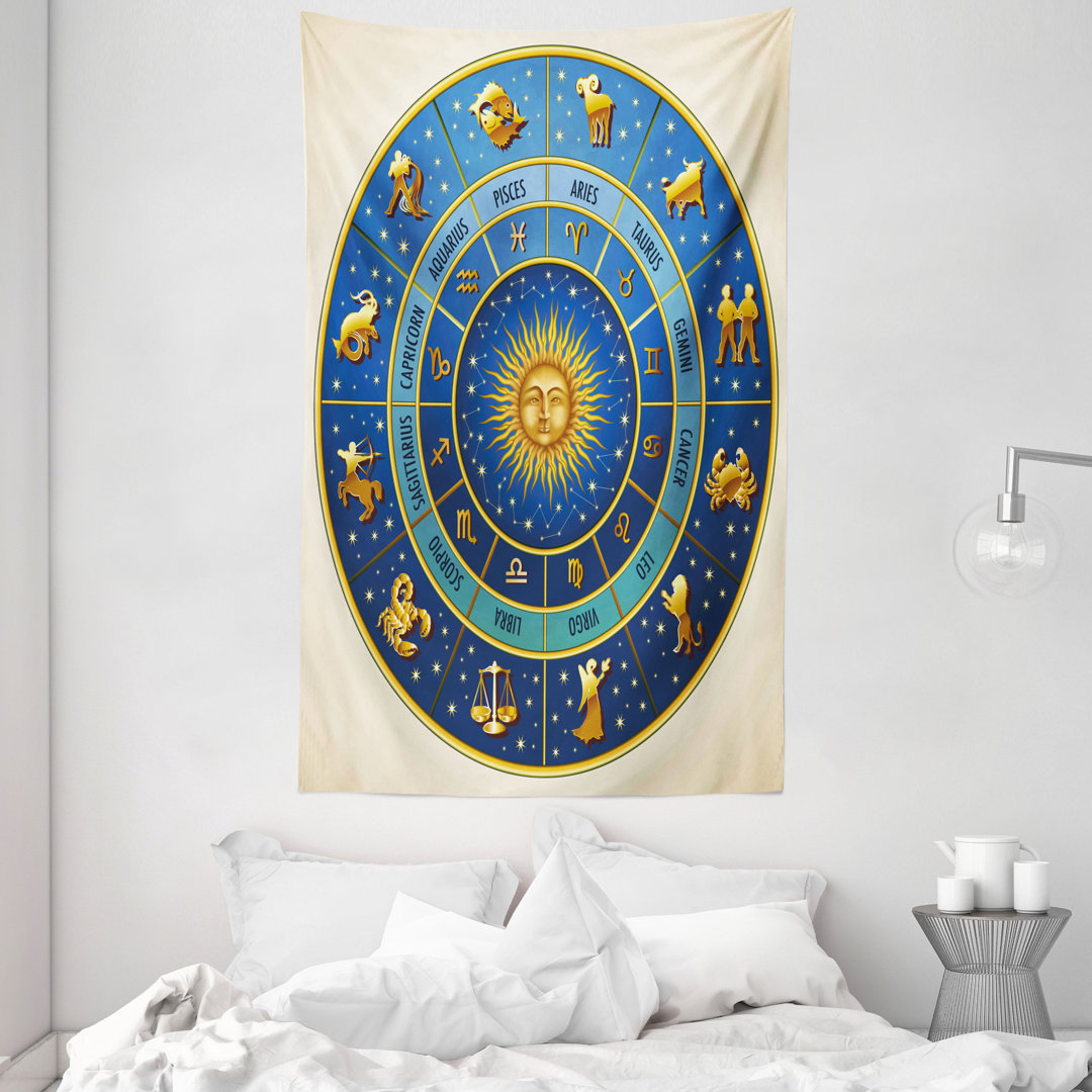 Wandteppich, astrologische Zeichen, Astrologie, Blau Gelb und Creme