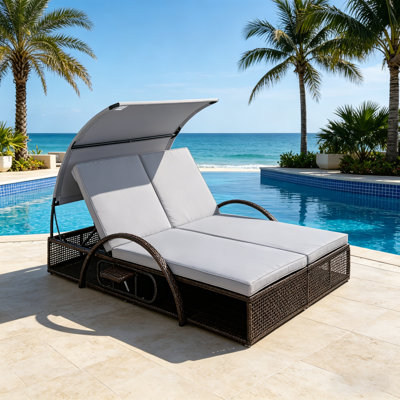 Double méridienne extérieure réglable à 5 positions avec table d'appoint cachée, chaise longue de patio à structure en acier pour piscine et jardin