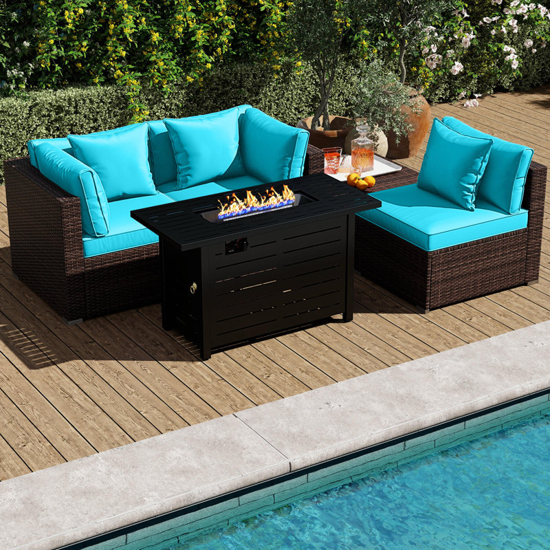 5 PCS Patio Furniture Set Heavy-duty Frame Rattan Sofa Set with 60,000 BTU Firepit Table Turquoise, Blue