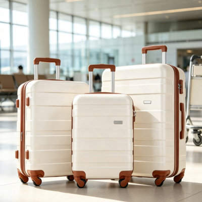 3-Piece Lightweight ABS Hardside Luggage Set, 20"/24"/28" Spinner Wheel Suitcase with TSA Security Lock, Ivory and Brown Color Block Travel Luggage