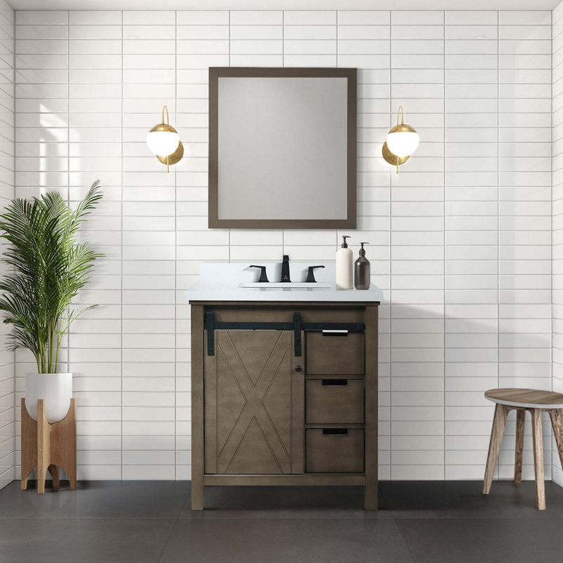 Meuble-lavabo brun rustique 30 po X P 22 po , Comptoir en quartz blanc, ensemble de robinets Miroir