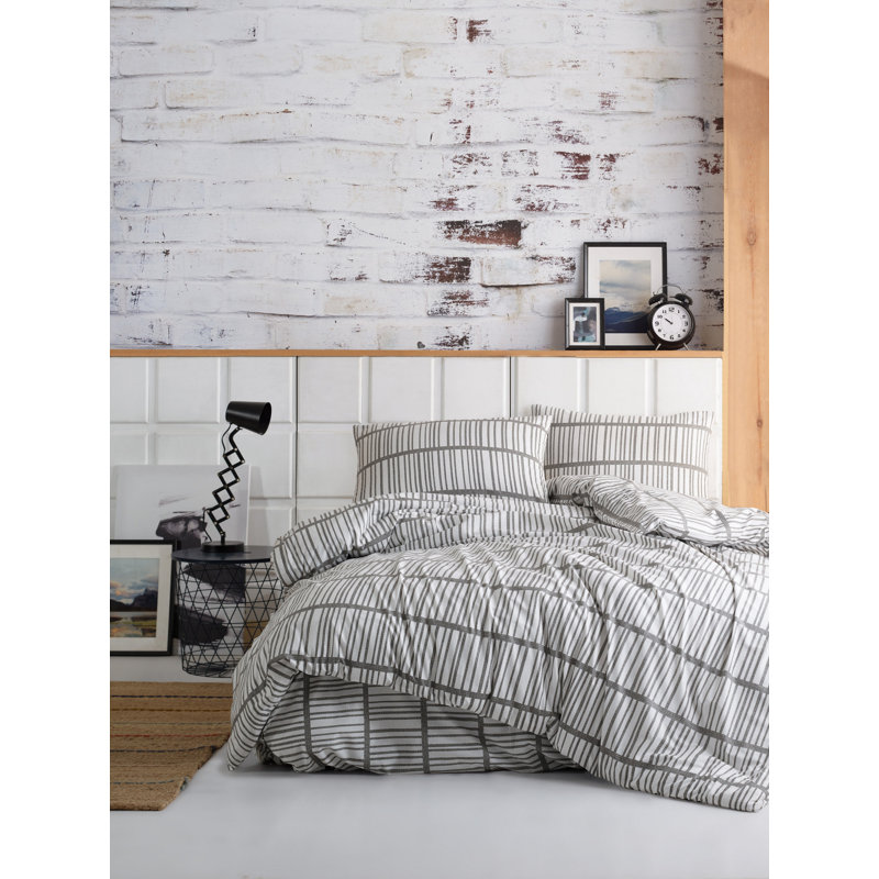 Ensemble de housse de couette 100% coton blanc / gris Flemke, Housse de couette 94 po x 87 po + 2 taies d'oreill