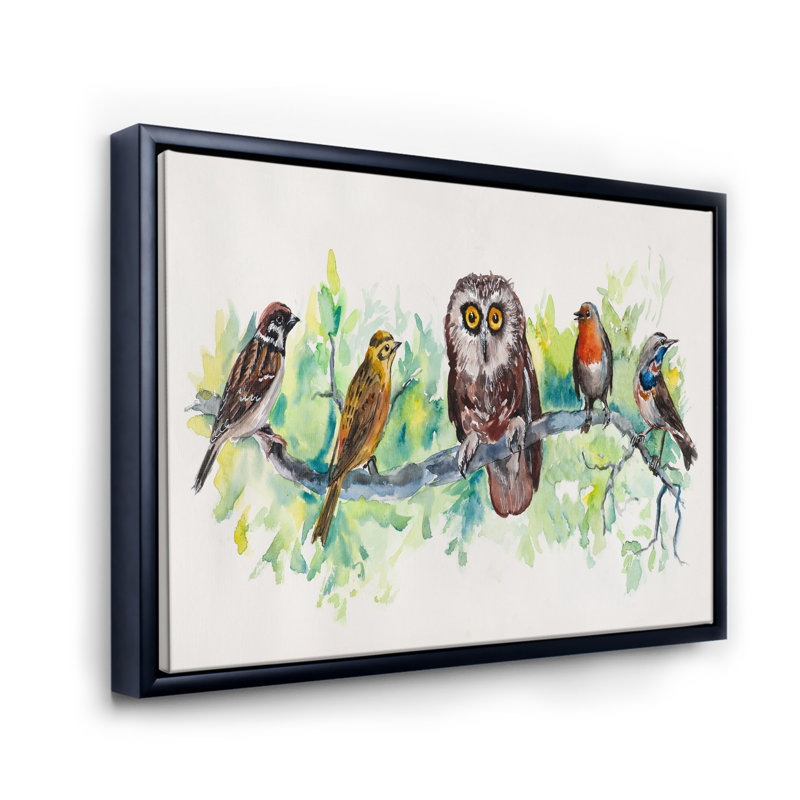 Hibou sur une branche avec des amis oiseaux - Peinture sur toile, H 30 po x l 40 po x p 1 po, Toile avec cadre noir
