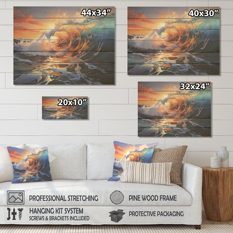 Blue and Orange Sunrise Waves IV - vagues côtières sur bois, H 10 po x l 20 po x P 0,78 po