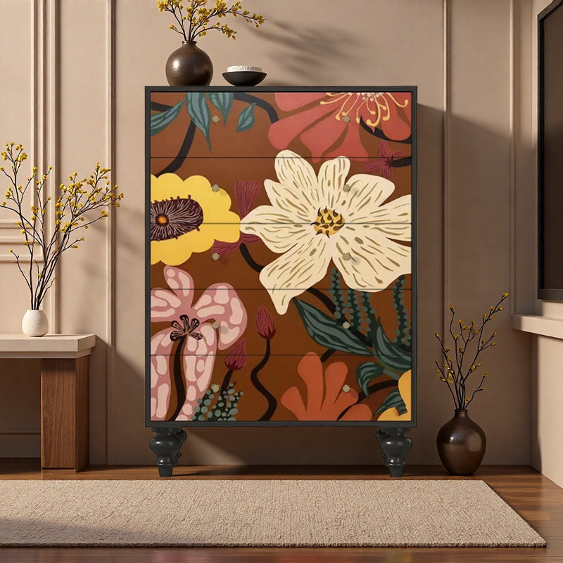 French Vintage Floral Solid Wood 5 Drawer Cabinet, Black