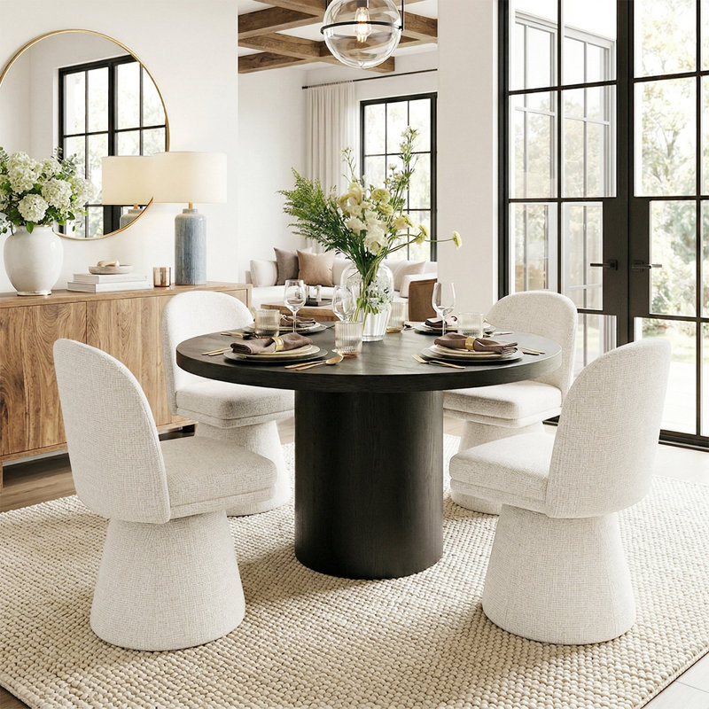 4 - Person Dining Table Sets With Solid Wood Round Table & 4 Upholstered Tweed Chairs, Beige, Black