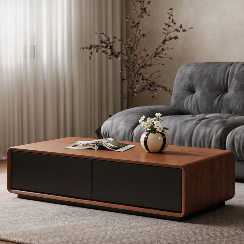 Modern 52" Walnut Coffee Table with 4 Storage Drawers, Fully Assembled Rectangular Living Room Table