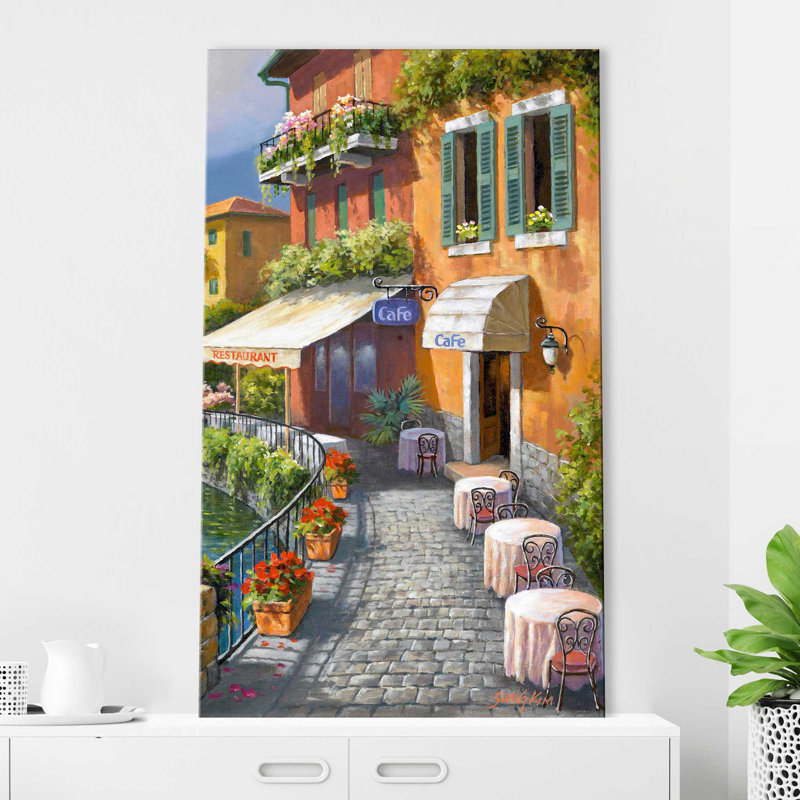 Seaside Bistro Café II par Sung Kim - Peinture, H 30 po x l 18 po x P 1 po, Toile tendue