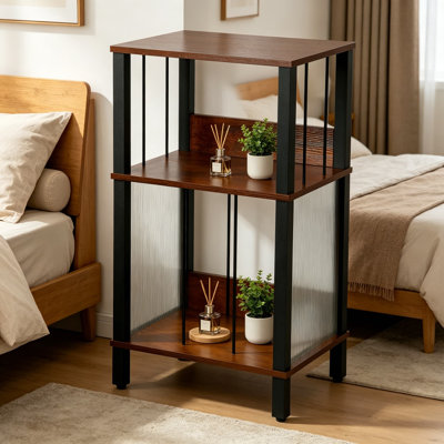 Mid-Century Now Playing Vinyl Record Stand, Record Player Table with Charging Station, 3-Tier Rustic Brown End Table with Guard Rails, Holds 100 Vinyl Albums, for Living Room, Bedroom, Office