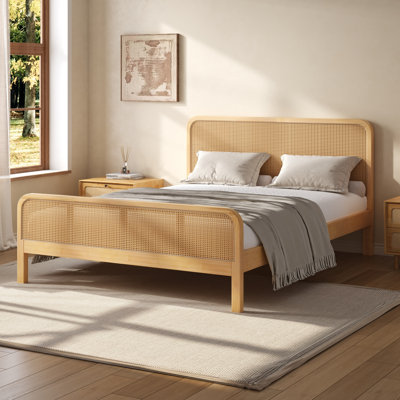 Lit plateforme moderne en rotin, cadre de lit en bois de style milieu du siècle avec tête et pied de lit en rotin tressé, lit pour chambre à coucher