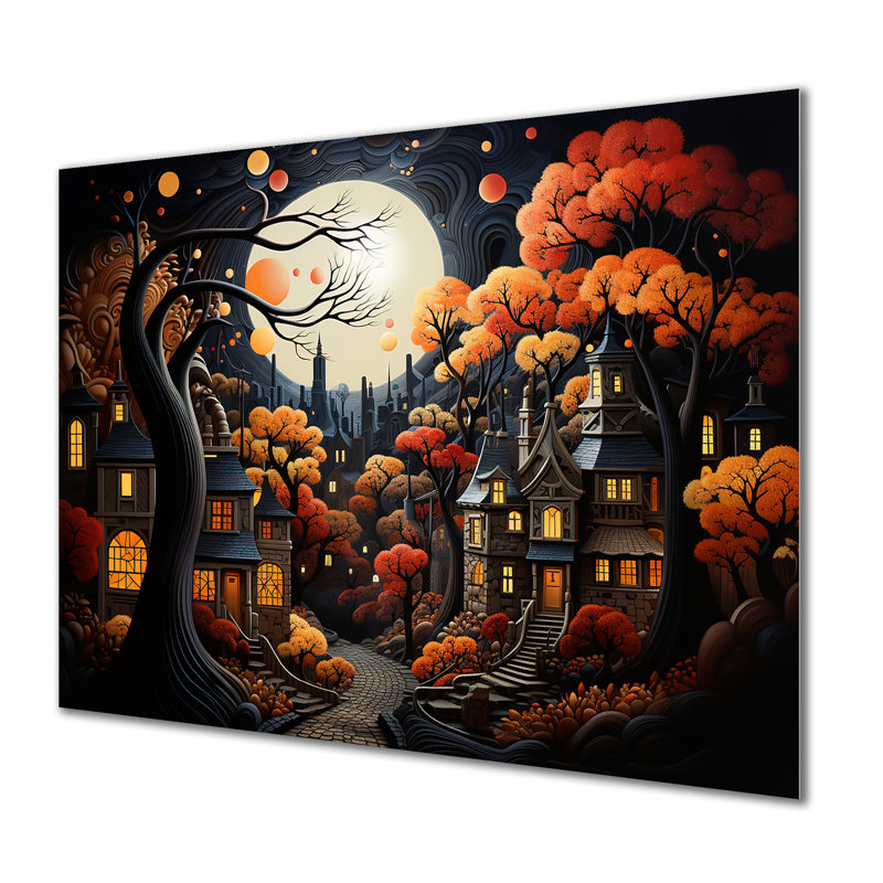 Cozy Village In Autumn Moonlit IV - City Art Deco Metal Wall Art, 30" H x 40" W x 1.5" D