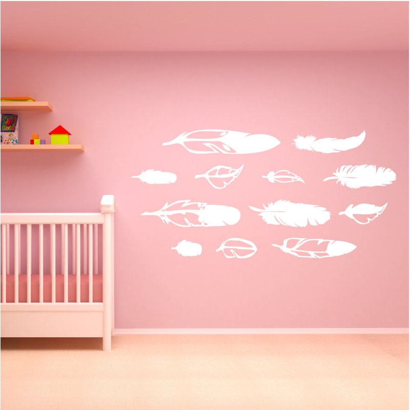Décalcomanie murale plumes de bois, Blanc, H 26 po x l 54 po x P 0,01 po