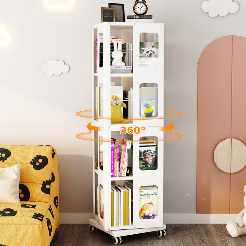 4 All Rotating Bookshelf With 360 Wheels, New Style White, Arc-Shaped Corners, Space Design, Simple Installation & Spacious Easy To Up