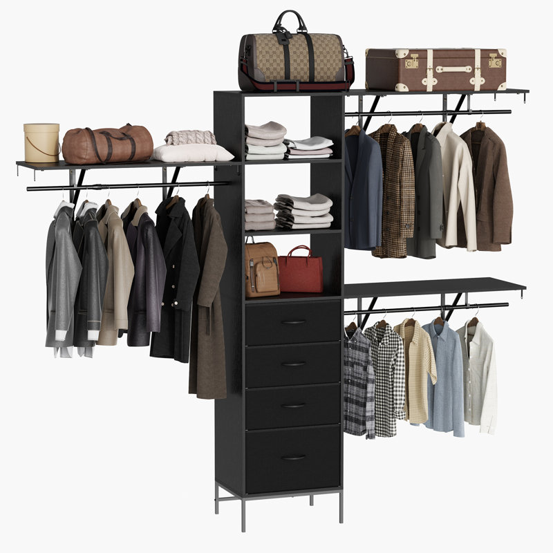 Adjustable Wooden Closet System Up to 96"W with Storage & Drawers, Black