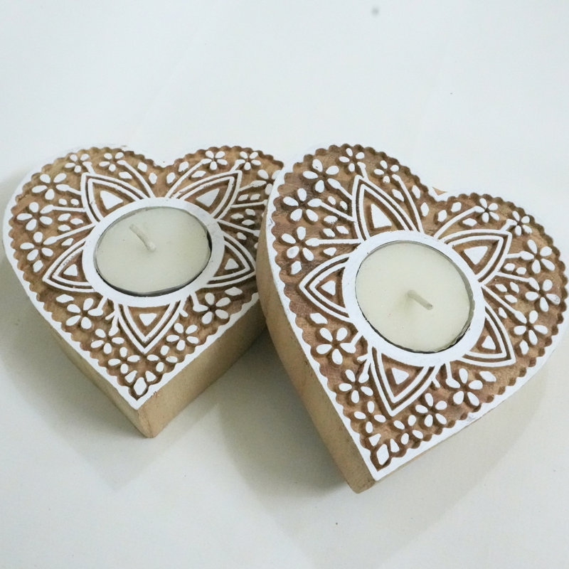  Handmade Block Print Heart Shaped Wooden Tea Light Candle Holder for Home décor, Festive Lighting, and Cozy Table Accents, 9
