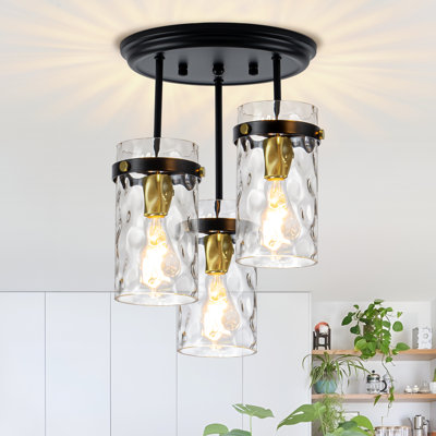 Levona 3- Light Semi Flush Mount Ceiling Light with Clear Hammered Glass Shade (Black/Gold)