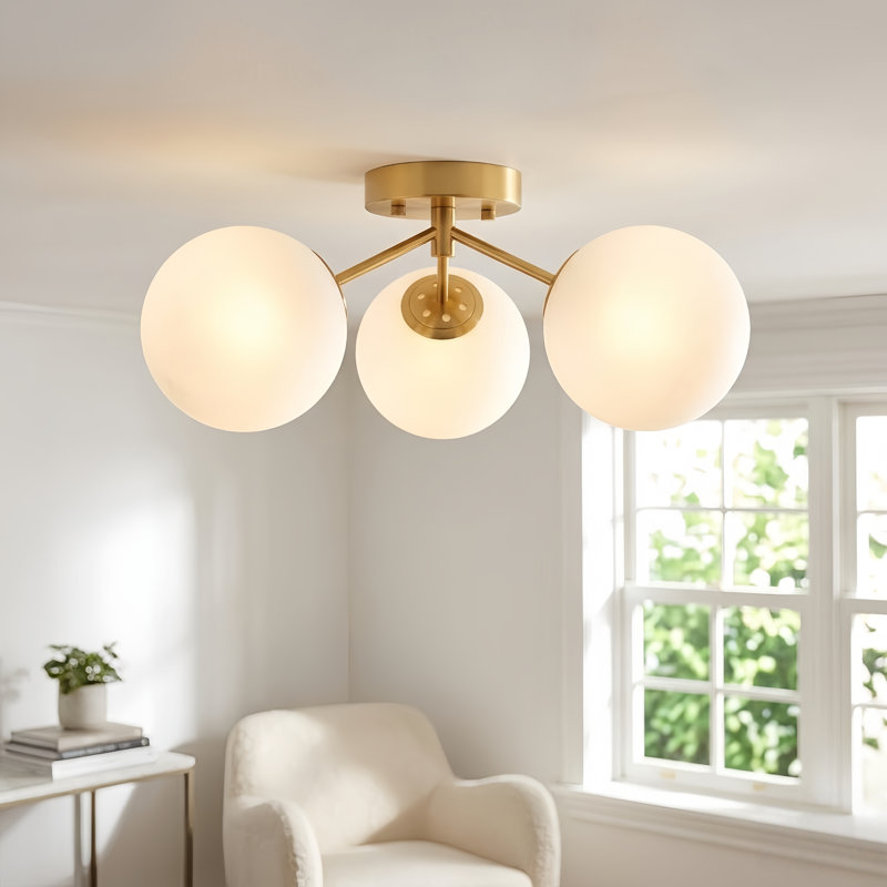16.5''-3 Lights Modern Brushed Brass Iron Glass Cover Globe Semi Flush Mount Lighting for Living Room/Bedroom, Brushed Brass