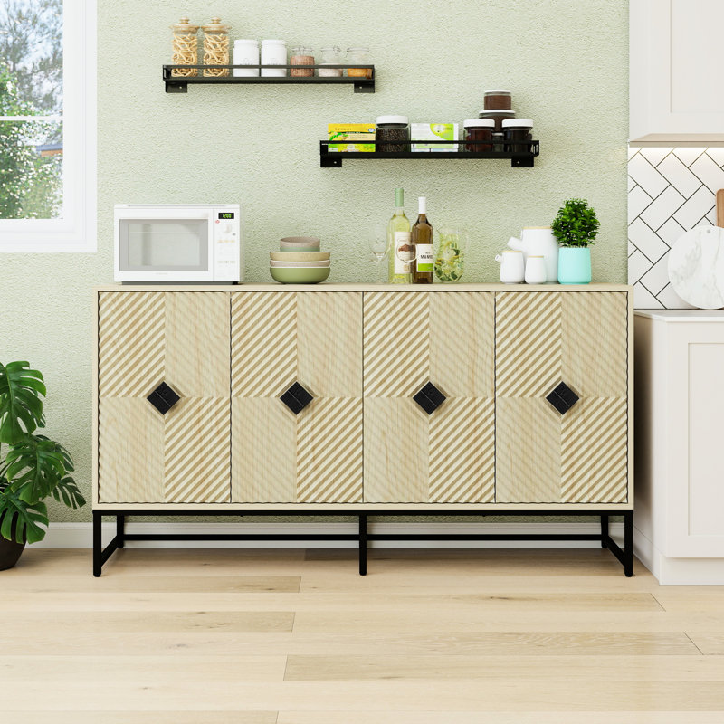 Buffet de cuisine moderne à 4 portes avec rangement délicat en forme de losange, poignée en bois massif, portes en métal robustes et buffet à tablettes réglables pour les maisons modernes Living
