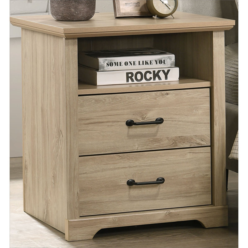 22"W Light Oak Finish 2-Drawer Nightstand Bedside Table with USB Charging  Ports, Light Oak