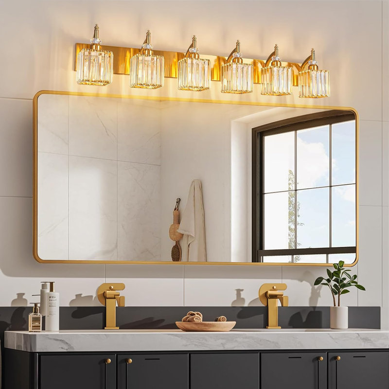 Luminaire de meuble-lavabo moderne en cristal - 6 lumières au-dessus d'un miroir pour une ambiance élégante, Doré