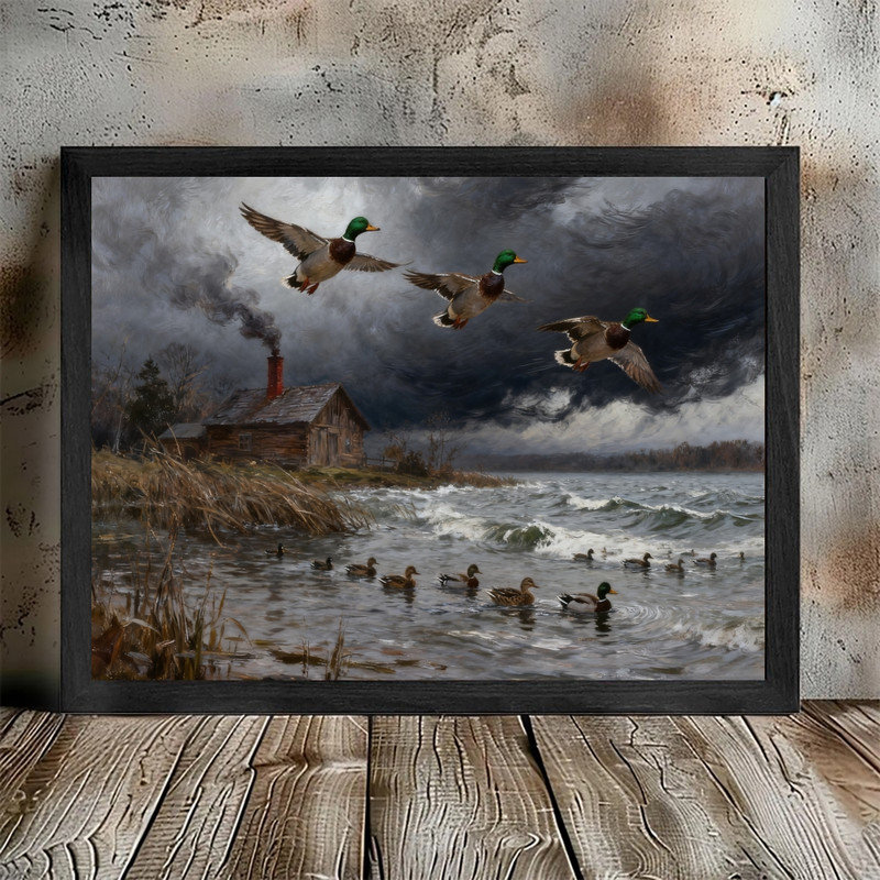 «Black Dramatic Duck», art mural scène de chasse, impressions de paysage faunique rustique Moody, H 25 po x l 37 po