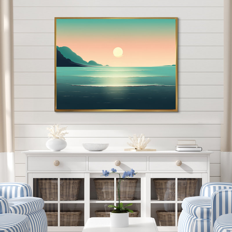 Full Moon Rising Ocean Minimalisme en bleu rétro sur toile, H 24 po x l 32 po, Cadre photo noir