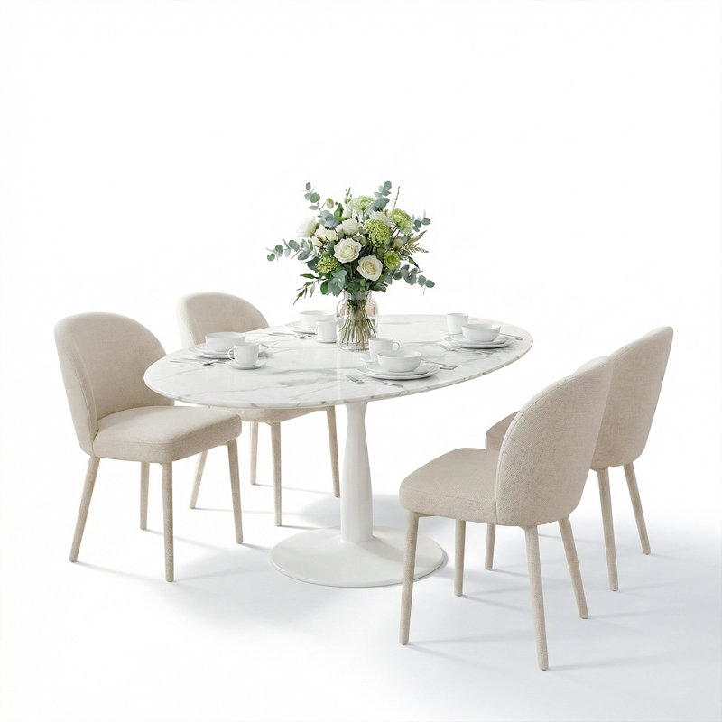 5-Piece Oval Faux Marble Dining Table Set With 4 Upholstered Dining Chairs, Modern Pedestal Kitchen Table Set For 4, White