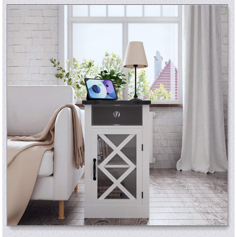 Table de bout Farmhouse avec station de charge, table de chevet rustique avec porte de grange et tablette réglable, table d'appoint en bois pour salon, chambre à coucher