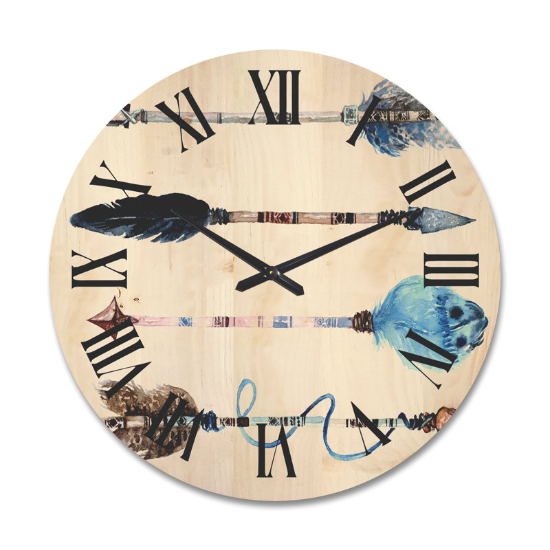 Horloge murale en bois plumes et fleurs, Très grand
