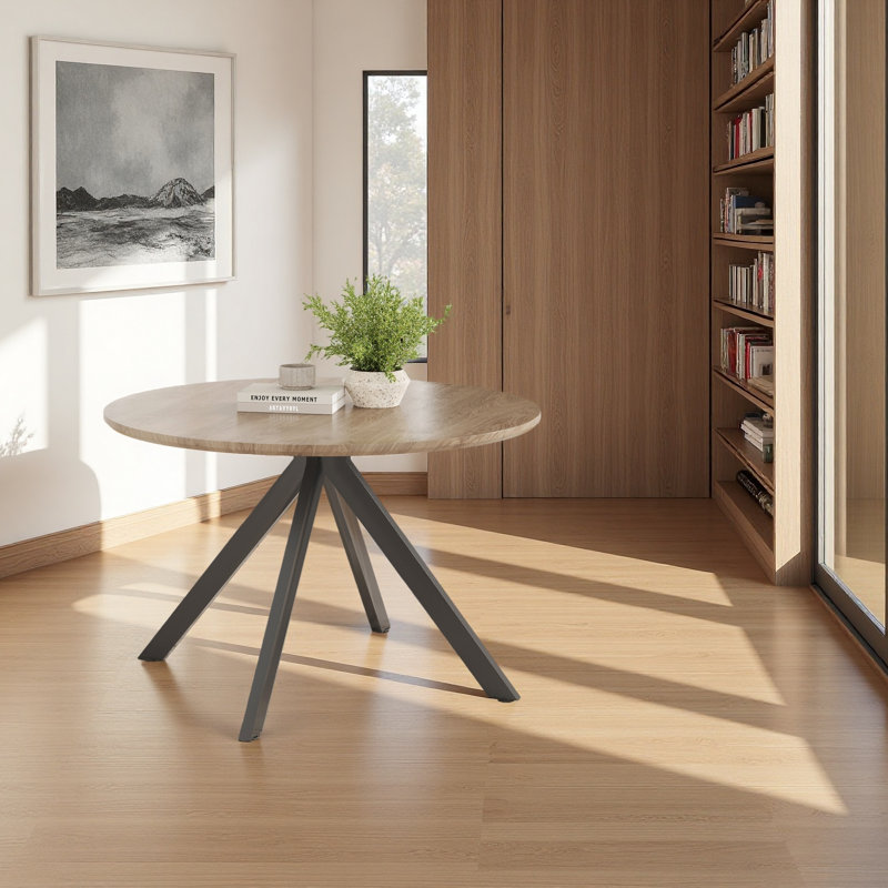 47.2" Solid Wood Round Dining Kitchen Table For 4-6 People With Intersecting Pedestal Base, Brown, Black