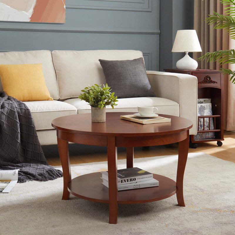 Table basse ronde avec tablette de rangement ouverte, table d'appoint en bois à 2 niveaux, Noyer