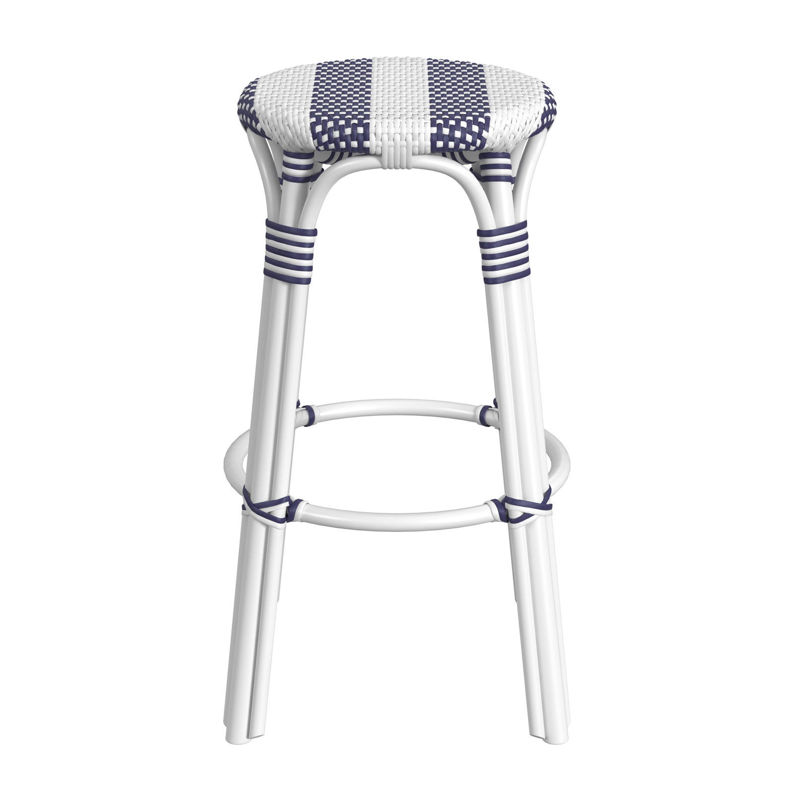 Alastair Bar & Counter Stool, White/Navy Stripe/White Rattan Frame, Bar Stool (30" Seat Height)