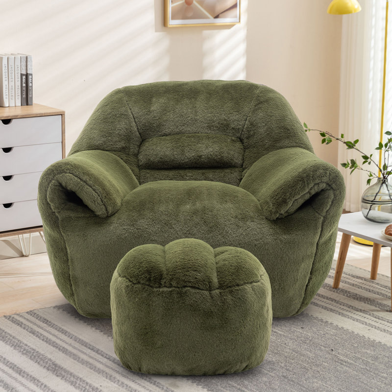 Compression 42.5" WVelvet Adult Bean Bag Chair Storage Armrest With Ottoman, Green Velvet