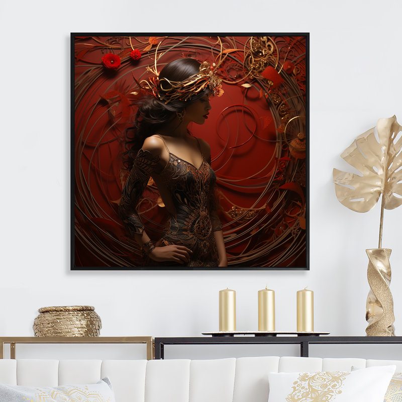 Rouge et or Diva Glamour éblouissant - Art mural glam, Cadre flottant noir, H 36 po x l 36 po x P 1,5 po