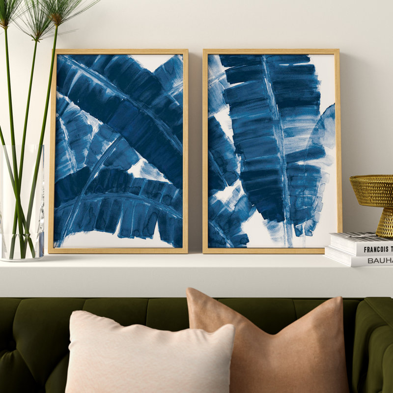 «Blue Banana Leaves Diptych» par Marmonth Hill - impression sur papier encadrée 2 pièces, H 18 po x l 12 po x P 1,5 po