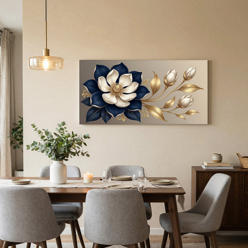 Art mural sur toile, feuilles de magnolia bleu marine et blanches, L 32 po x H 16 po