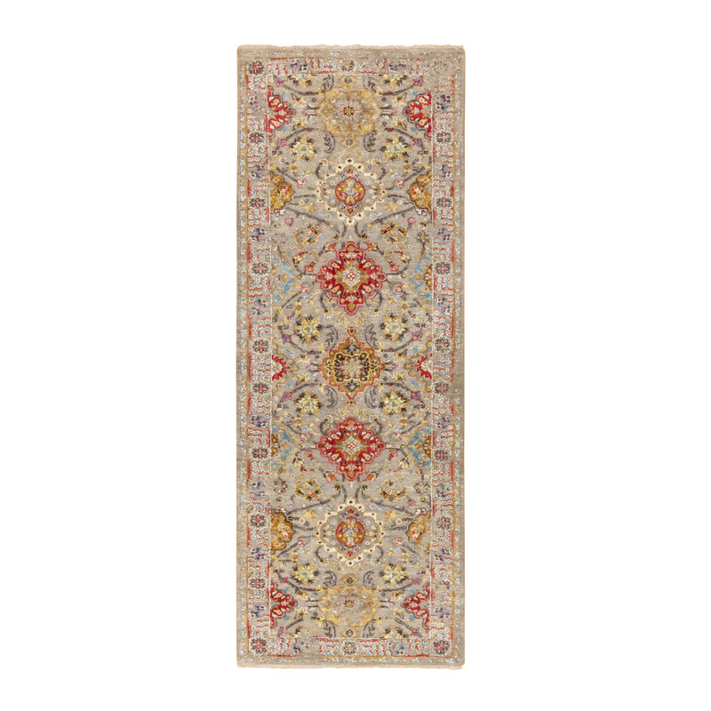 Tapis de Tapis décoratif couloir beige/rouge/brun de conception unique 2 pi 8 po x 7 pi 10 po noué à la main New Age