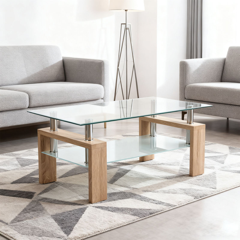 Table basse en verre trempé transparent, table d'appoint rectangulaire moderne pour le salon
