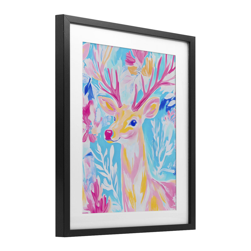 «Bright Pastel Deer» encadré sous verre, conception par Arlington Prints, Cadre noir minuit, H 16 po x l 13 po