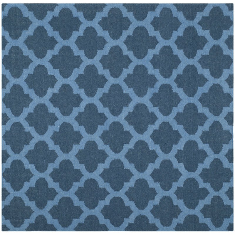 Rodgers Hand Woven Flat Weave Wool/Cotton Geometric Rug in Blue, Square 6'
