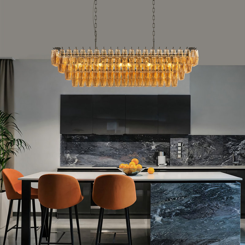 Luminaire suspendu 12 niveaux à 12 lumières rectangulaires à gradateur avec tubes en verre fumé, Noir