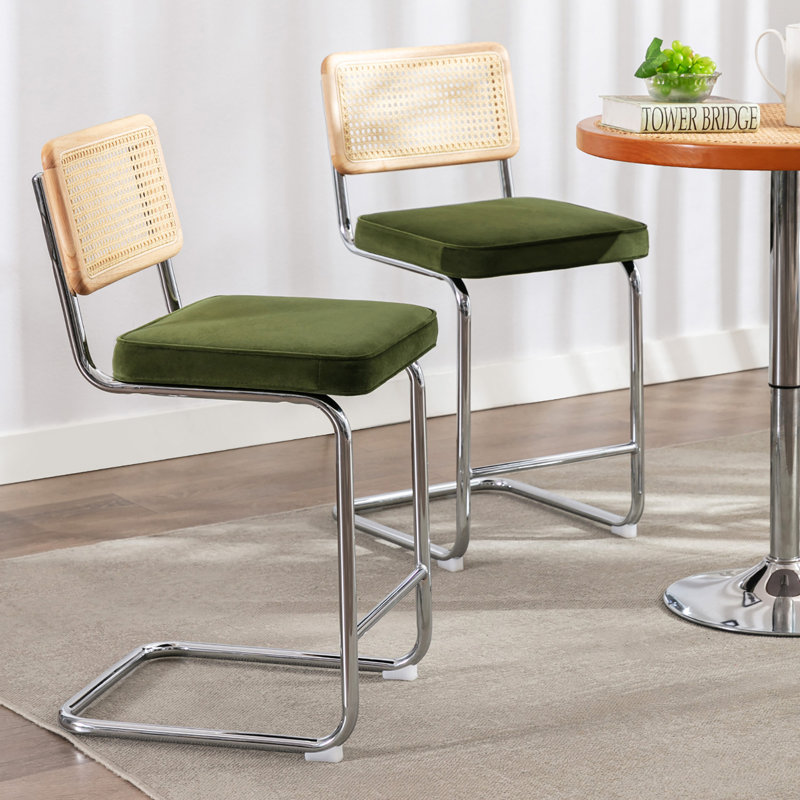 Crumley Upholstered 25.6" Velvet Counter Stool with Rattan Cane Back and Metal Frame, Olive Green Velvet/Chrome Frame