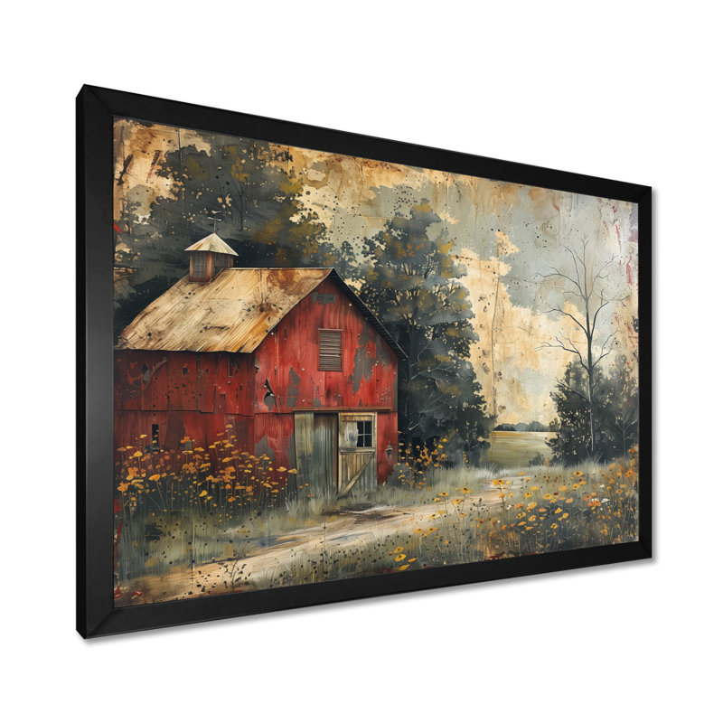 Toile de grange rétro vintage rouge gris d'hiver, Toile encadrée noire simple, H 12 po x l 20 po x P 1 po