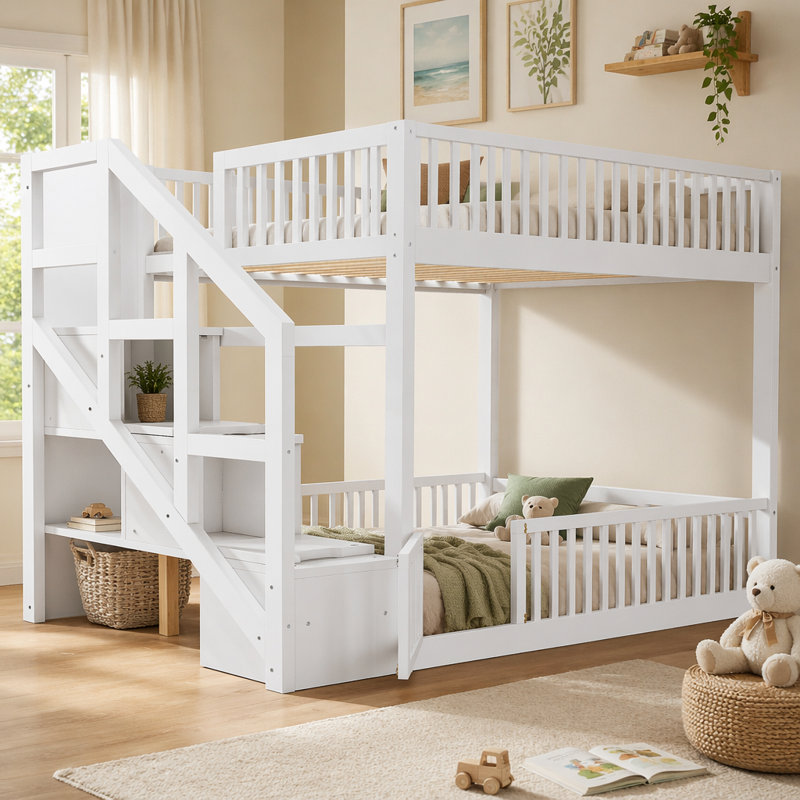 Lit superposé double au-dessus d'un lit double avec escalier de rangement, White