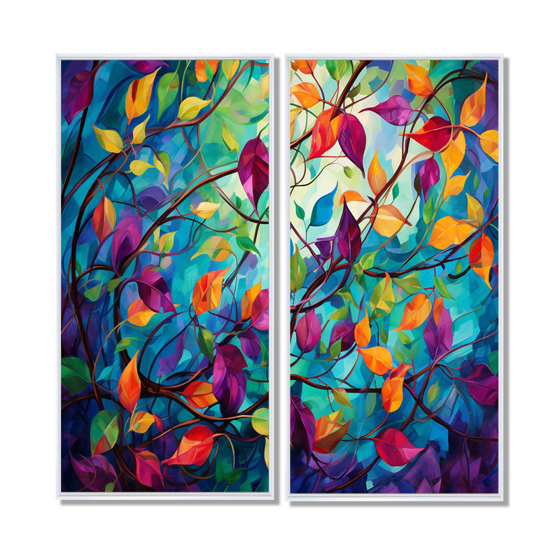 Multicolor Vibrant Vines I - Abstract Botanicals, art mural 2 pièces, H 32 po x l 32 po, Blanc