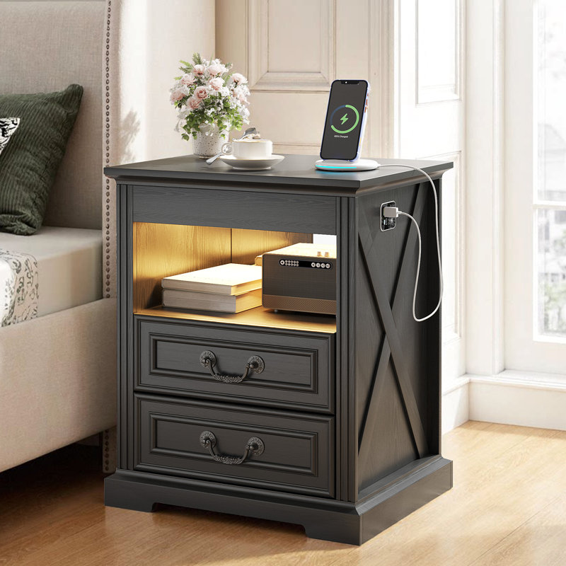 2-Drawer Nightstand With Led Light & Human Sensor, Black Willow Wood